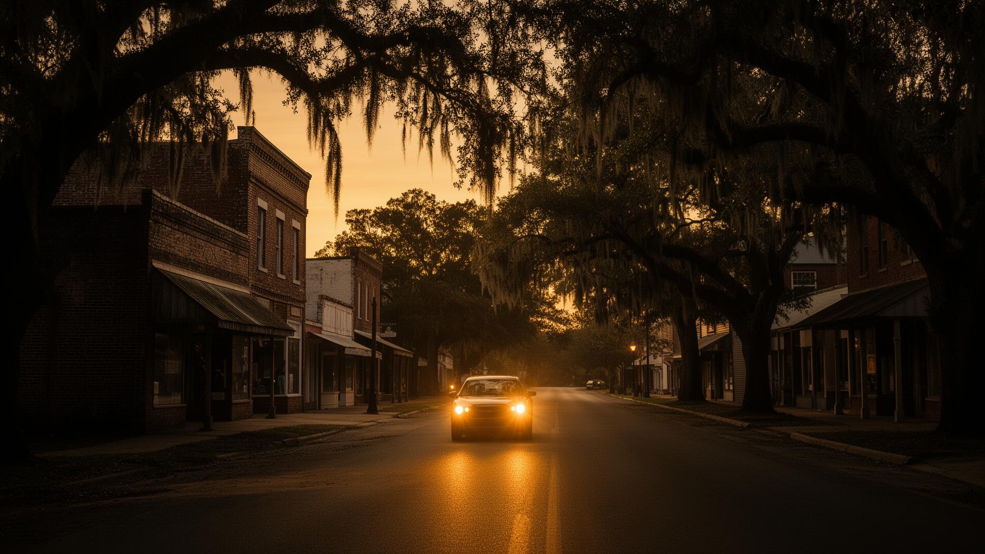 Quiet small-town main street at golden hour in rural South Georgia